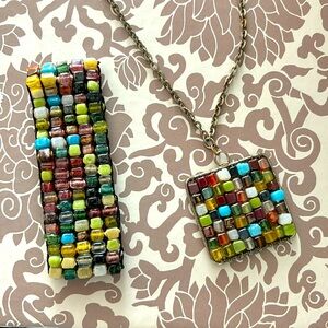 HANDMADE BEADED STONE PENDANT & BRACELET 16 Inch Metal Chain w/2 Inch Extender